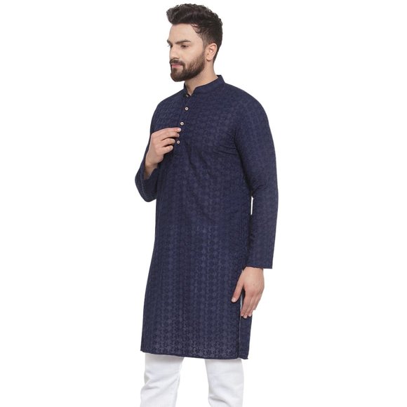 Designer Navy Blue Cotton Chikankari Lucknowi Jaal Embroidered Kurta for Men - Picture 3 of 6